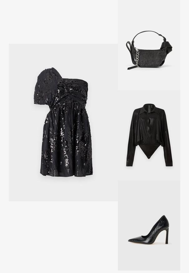 Crna haljina s jednim ramenom, izrađena od mekog materijala, ukrašena raspršenim šljokicama, s naboranim strukom i lepršavom suknjom.; Crni bodi s dugim rukavima, V-izrezom i prilagođenim siluetom. Izrađen od sjajnog, glatkog materijala s strukturiranim ovratnikom i manžetama.; Crne visoke potpetice s oštrim prstima, od teksture krokodilske kože, elegantnog dizajna, visoke stiletto potpetice i glatkog crnog unutrašnjosti.; Crna torbica s ukrasima od studenaca, lančanim remenom i glatkom kožnom drškom, zaobljenog oblika i zatvorenim odjeljkom na zip.