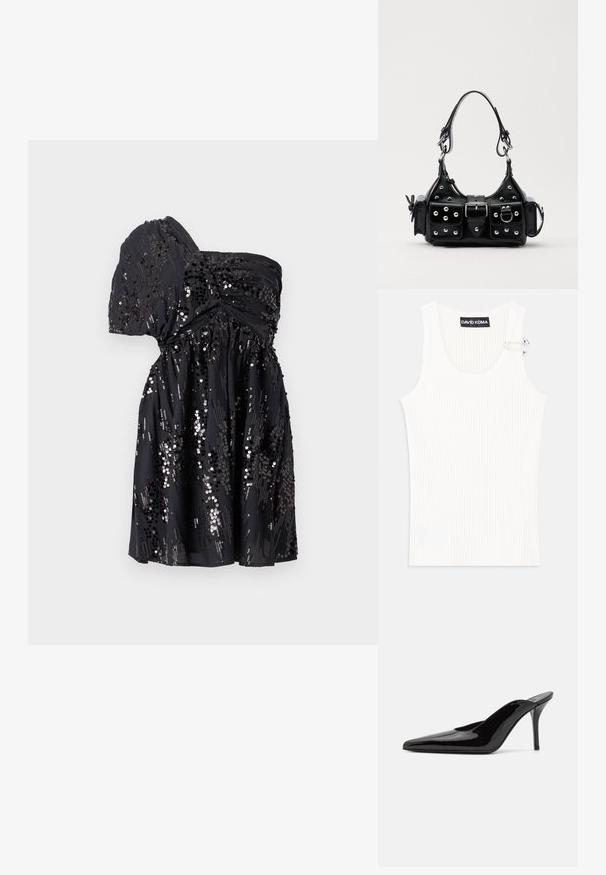Čierne šaty s jedným ramenom vyrobené z mäkkej tkaniny, zdobené roztrúsenými flitrami, s naťahovaným pásom a splývavou sukňou.; Biely rebrovaný top s okrúhlym výstrihom a kovovým detailom na ramene. Mäkká textúra, priliehavý strih a bezrukávový štýl.; Čierne lakované kožené muly na vysokom opätku s špicatou špičkou a elegantným siluetou, ktoré majú otvorenú zadnú časť a štíhly opätok typu stiletto.; Čierna kožená kabelka s zakriveným dizajnom, doplnená striebornými cvočkami, prackou a dvoma bočnými vreckami. Nastaviteľný popruh poskytuje rôzne možnosti nosenia.