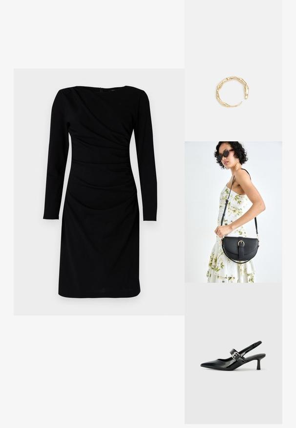 Svart långärmad klänning med en draperad design, rund halsringning och samlad detalj vid midjan. Slät tygtextur.; Svarta patentläder slingback-klackar med spetsig tå och en liten blockklack, med en silvrig spänneaccent på remmen.; Svart läderhandväska med en böjd form, avtagbar rem och guldiga detaljer. Väskan har ett lock med en spänndetalj.; Ring i guldutförande med en organisk, vriden design, slät yta och avsmalnande ändar, vilket ger ett modernt, skulpturalt utseende.