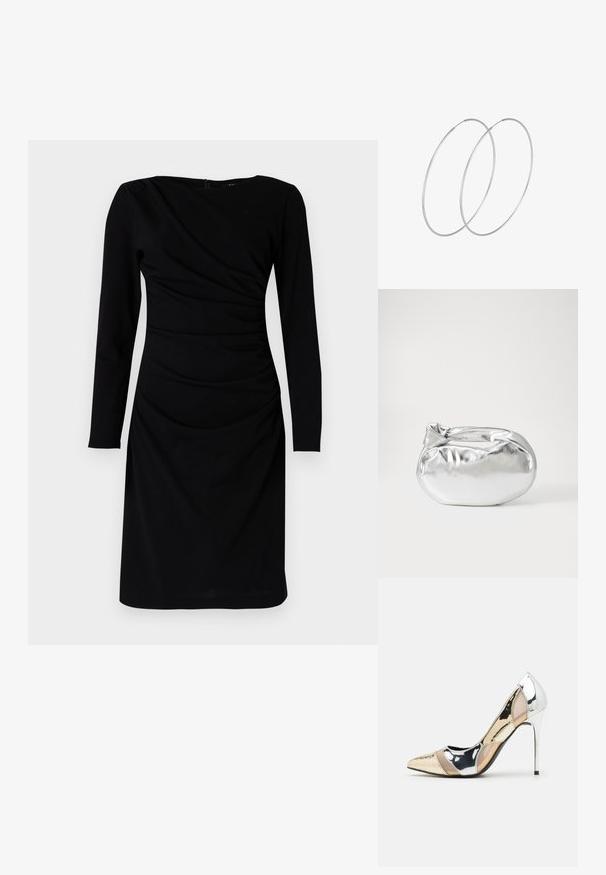 Melna garo piedurkņu kleita ar drapēta dizaina elementiem, ar apaļu izgriezumu un saspringuma detaļu viduklī. Gluda auduma tekstūra.; Apspīlēta augstpapēžu kurpe ar zeltītu, sudrabi un neitrālu krāsu kombināciju. Spīguļojoša virsma ar izgriezuma dizainu, aprīkota ar stiletto papēdi.; Sudraba metāliska poga somiņa ar mīkstu, noapaļotu formu un mezgla augšējo aizdari. Izgatavota no gludas mākslīgās ādas materiāla.; Sudraba gredzenveida auskari ar minimālistisku dizainu. Cirkulāra forma, gluda tekstūra un plāns profils. Vieglu svaru ar spīdīgu apdari.