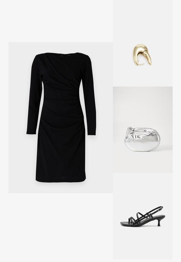 Fekete, hosszú ujjú ruha, balsejtvénnyel, kerek nyakkivágással és gyűrt részletekkel a deréknál. Simább anyag textúra.; Fekete magassarkú szandálok több keresztben átkötött pánttal. Simább anyag, hegyes orr és keskeny sarok. Állítható bokapánt kapcsos rögzítéssel.; Ezüst fémes anyagú tasak táska, puha, lekerekített formával és csomós záródással a tetején. Simító műbőrből készült.; Aranyszínű fém fülbevaló, elegáns, ívelt formával. Különleges hegyes alak, fényes felszín és zsanéros záródás jellemzi.