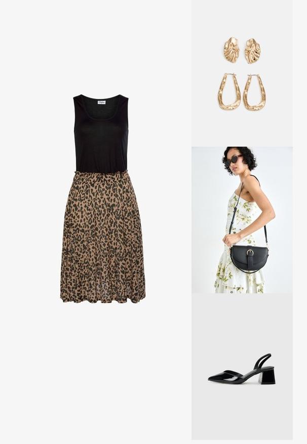 Čierny bezrukávový top s leopardím vzorom a mäkkou hnedou sukňou. Sukňa má naGathered elastický pás a prúdiaci textúru látky.; Čierne lakované kožené sandálové podpätky s špicatou špičkou a geometrickým blokovým podpätkom. Disponujú elegantným, minimalistickým dizajnom a hladkým povrchom.; Čierna kožená kabelka s zaobleným tvarom, odnímateľným popruhom a zlatými doplnkami. Kabelka má klopu s detailom s prackou.; Náušnice v zlatej farbe s textúrovanými, vlnitými tvarmi. Obsahujú sochárske klipsové náušnice a otvorený tvar krúžku s kladivkovým povrchom.
