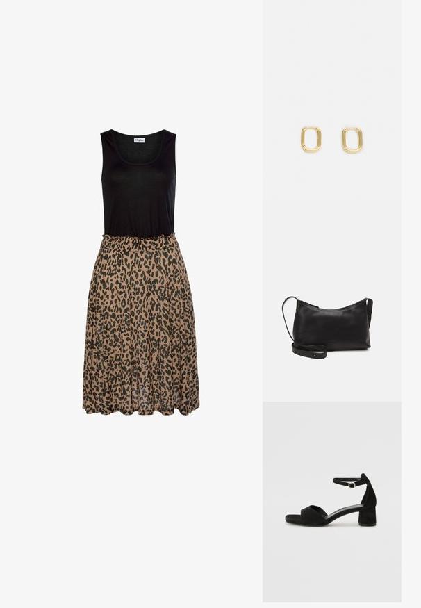 Černý bezramínkový top s leopardím potiskem, měkká hnědá sukně. Sukně má nařasený elastický pás a splývavou texturu látky.; Černé sametové sandály na podpatku s tenkým řemínkem kolem kotníku, otevřenou špičkou a skromným blokovým podpatkem. Hladká textura a minimální akcenty.; Černá kožená taška přes rameno s hladkým povrchem, zakřiveným tvarem, nastavitelným popruhem a zipovým uzávěrem. Minimalistický design bez zdobení.; Zlaté obdélníkové náušnice ve tvaru kruhu s hladkým povrchem a zaoblenými hranami. Design se vyznačuje minimalistickým geometrickým tvarem.