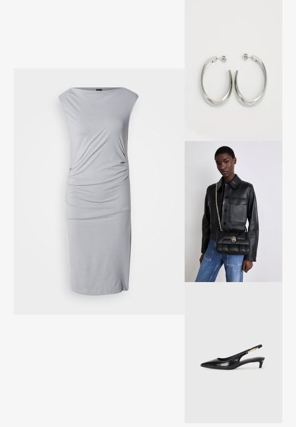 Pelēks džersija midi kleita ar brīvu kakla izgriezumu, plūstošām sāniem un pieguļošu siluetu. Mīksta tekstūra ar gludu apdari un sānu šķēlumiem.; Melnas ādas slingback zābaki ar smailu purngalu, ar šauru papēdi un zelta krāsas akcentu uz regulējama siksniņas. Gluda tekstūra.; Melnas ādas jaka ar pogu aizdari un divām priekšējām kabatām, kopā ar melnu pufīgu rokassomu ar zelta sprādzi un ķēdes siksnu.; Sudraba riņķveida auskari ar gludu, izliekta dizaina formu. Iezīmējas ar spīdīgu metāla apdari un pievienojamu aizdari. Nav redzamu rakstu vai akcentu.