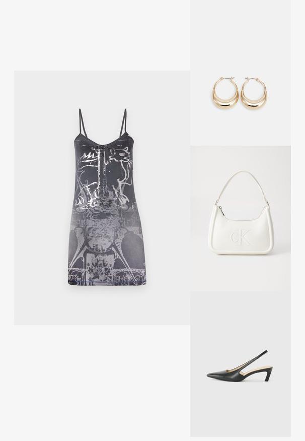 Fekete ujjatlan ruha vékony pántokkal, világosszürke absztrakt grafikai mintával és sima textúrával, térd hosszúságú.; Fekete, hegyes orrú, slingback cipő alacsony sarkával, sima bőrből készült, oldalt kivágott deisgnal a légáteresztőképesség érdekében.; Fehér bőrtáska ívelt formájú, elöl feltűnő "CK" logóval, egyetlen vállpánttal. Cipzáras zárás a tetején.; Aranyszínű, félhold alakú fülbevalók, polírozott felülettel és zsanéros záródással. A sima textúra és a fényes felület fokozza a láthatóságot.
