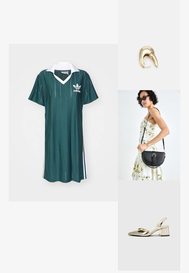 Žalia trumpomis rankovėmis suknelė su balta apykakle ir trimis baltomis juostelėmis šonuose. Yra vertikalių dryžių ir adidas logotipas ant krūtinės.; Auksiniai, metaliniai slingback aukštakulniai bateliai su smailiu pirštu ir masyviu kulnu. Lygus paviršius, minimalizmo dizainas ir siaura juostelė.; Juodas odinis krepšys su išlenkta forma, nuimamu dirželiu ir auksiniais detalėmis. Krepšys turi kilpą su sagtimi.; Aukso tono metalinės auskarai su stilingu, kreiviu dizainu. Išsiskiria ryškiu smailiu pavidalu, poliruota paviršiumi ir užsegimu su vyriu.