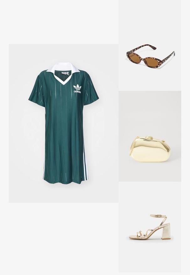 Žalia trumpomis rankovėmis suknelė su balta apykakle ir trimis baltomis juostelėmis šonuose. Yra vertikalių dryžių ir adidas logotipas ant krūtinės.; Zign LEATHER - Aukštakulniai sandalai - gold; Kaktašiai akiniai nuo saulės su ovaliais objektyvais, rudi, ploni laikikliai su tekstūruotu raštu, lengvas plastikinis rėmas.; Metalinis auksinis rankinukas su glotnia, suapvalinta forma, turintis viršutinį mygtuko užsegimą ir mažą grandinėlės dirželį nešiojimui.; Sidabrinis dvigubas žiedas su lygiu, poliruotu paviršiumi. Pasižymi sklandžiu, kreiptu dizainu su persipinančiomis dalimis, suteikiančiomis modernų išvaizdą.