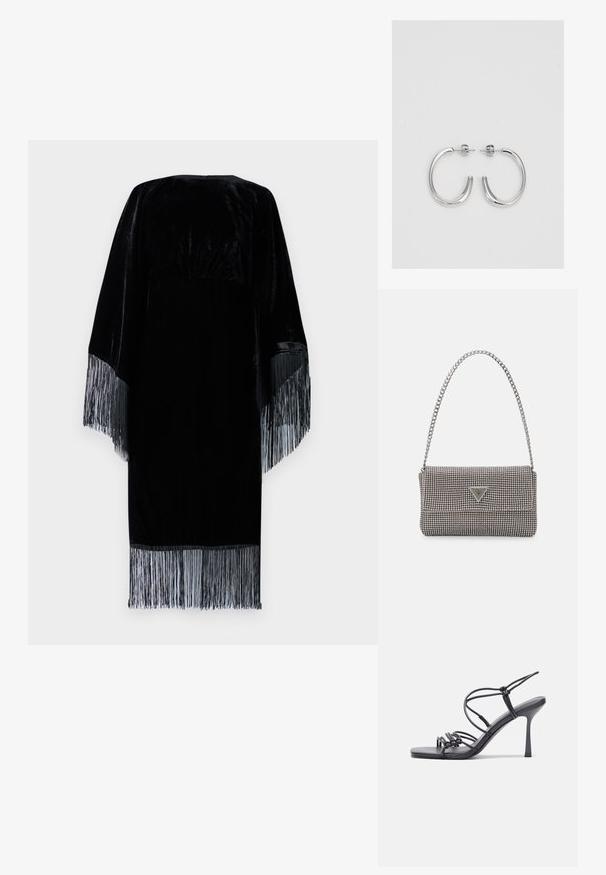 Malina TARA MIDI DRESS - Proginė apranga - black; Juodos aukštakulnės sandalai pasižymi plonyčiais dirželiais su mazgo dizainu, lygiu kvadratiniu pirštu ir elegantišku stiletto kulnu.; Šviesiai pilka metalinė rankinė su grandinėlės dirželiu, papuošta mažais apvaliais metaliniais smeigėmis ir trikampiu prekės ženklu.; Sidabrinės auskarai žiedai su lygiu, blizgiu paviršiumi. Suapvalinta forma, lengvas dizainas, su uždarymu ant smeigtuko.