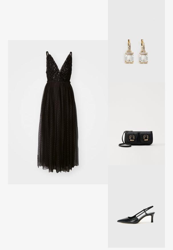 Needle & Thread - Sukienka koktajlowa; Czarne lakierowane czółenka na obcasie typu slingback z wąskim noskiem, z teksturowanym wzorem wężowym, regulowanym paskiem oraz krótkim, teksturowanym obcasem w kształcie słupka.; Czarna skórzana torba na ramię z dwoma przednimi kieszeniami, złotymi klamrami, zamkiem błyskawicznym i cienkim paskiem. Teksturowana powierzchnia i kompaktowy prostokątny kształt.; Złote kolczyki z prostokątnym, przezroczystym kryształem zwisającym poniżej rzędu małych, okrągłych, przezroczystych akcentów. Elegancki, nowoczesny design.