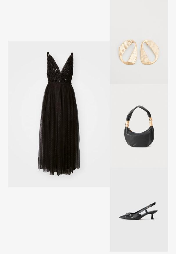 Needle & Thread HEART LATTICE CAMI ANKLE GOWN - Kokteilikleit/peokleit - graphite; Must must have must toote tõmblukuga, dekoratiivsed rihmad metallist silmadega ja madal blokk-kand. Tekstureeritud pind.; Must mustrepp nahkakott ümmarguse kujuga, pehme tekstuuriga ja sõlmiga käepidemega, millel on kuldse tooni aksessuaarid. Lukuga sulgemine.; Eba paar eba ebaorditud ovaalkujulisi kuldehhe kaal setertu, kerge keersuju pinnaga valgel taustal.