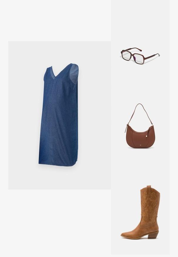 Denimkjole med V-hals og ermeløs design, med rett snitt og en jevn, mørk blå tekstur. Ingen synlige lukninger.; Brune lær cowboy støvel med spiss tå, broderte svirvlende mønstre på skaftet og en stablet blokk hæl. Har en trekksløyfe for enkel påkledning.; Brune, rektangulære briller med transparente glass og lilla nyanser. Glatt plastikkramme med rette templer og subtile detaljer.; Brun kunstlæder skuldertaske med buet form, minimal syning og detaljer i guld-tonet hardware. Har en top lynlås lukning og justerbar rem.