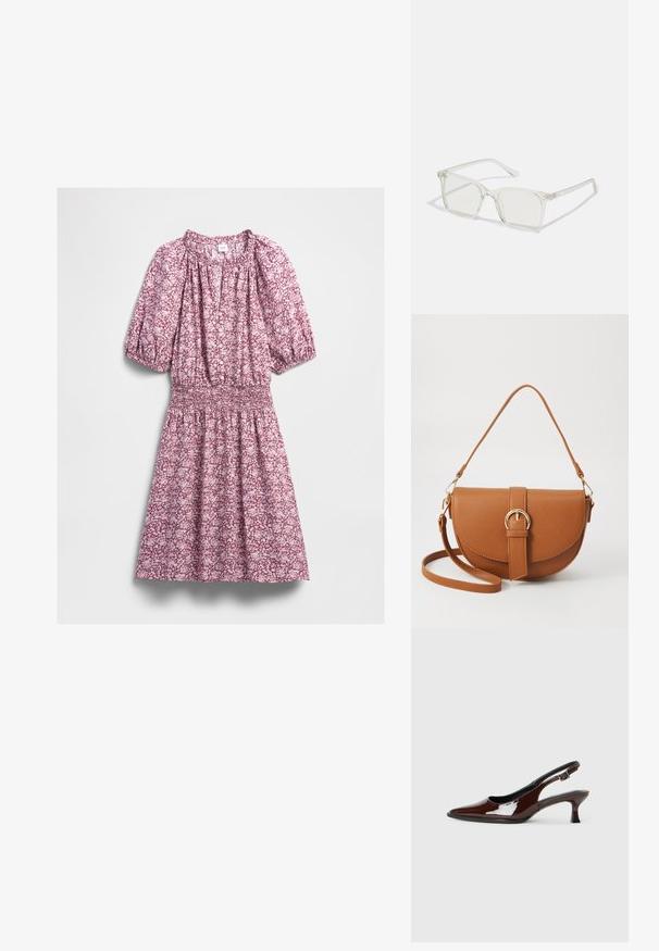 Rochie de lungime până la genunchi, cu model floral roz și alb, cu mâneci scurte cu volan, închidere cu nasturi, talie adunată și decolteu rotund.; Pantofii slingback din piele patent maro, cu vârful ascuțit și un toc moderat. Prezintă o curea cu prindere pentru o potrivire sigură. Textură netedă.; Ochelari de vedere cu rame pătrate din plastic transparent, dotate cu lentile translucide și accente aurii pe temple pentru un detaliu suplimentar.; Geantă din piele maro, tip crossbody, cu o formă curbată, accesorii aurii și un accent cu cataramă. Dispune de un curea de umăr detașabilă.