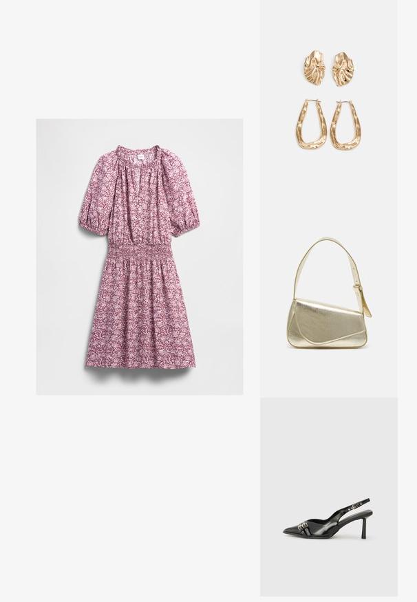 Rochie de lungime până la genunchi, cu model floral roz și alb, cu mâneci scurte cu volan, închidere cu nasturi, talie adunată și decolteu rotund.; Pantofii slingback din piele lăcuită neagră, cu vârf ascuțit, bretele pentru gleznă cu catarame și accesorii din argint, și un toc subțire.; Geantă de umăr metalică aurie cu un design structurat, textură netedă și curea reglabilă. Prezintă o formă triangulară unică și cusături minimaliste.; Cercei aurii cu forme texturate și ondulate. Include studs sculpturale cu clip și un design de cerc deschis cu un finisaj cioplit.