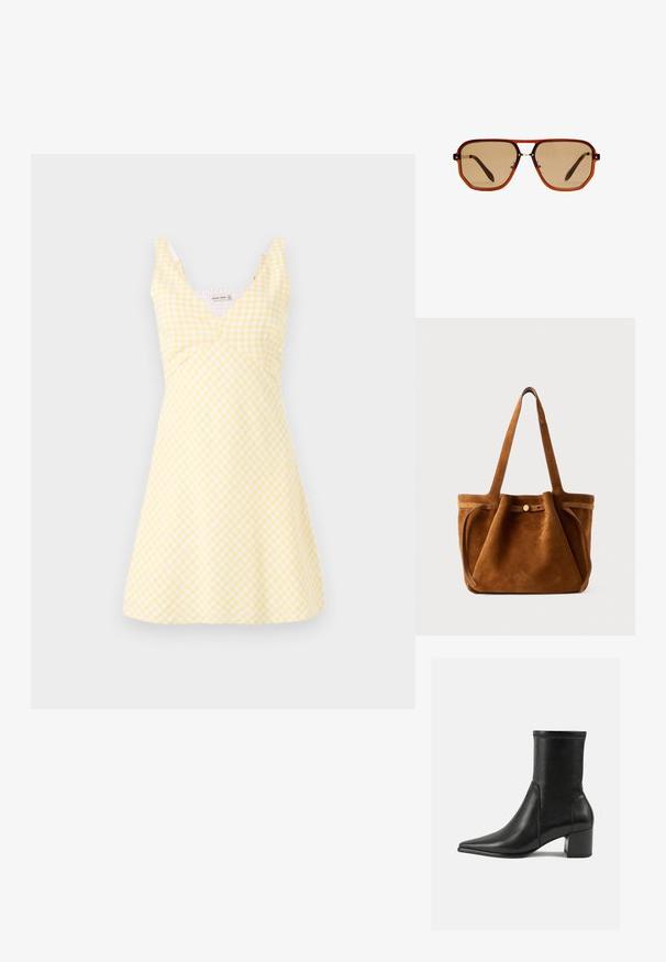 Gelbes Gingham-Kleid mit V-Ausschnitt, tailliertem Oberteil und ausgestelltem Rock. Der Stoff hat eine glatte Textur mit weißen Karomustern.; Schwarze Knöchelstiefel aus glattem Leder, mit spitzem Zehenbereich, einem Blockabsatz und markanten, raised stitching am oberen Rand.; Braune achteckige Sonnenbrille mit einem transparenten, bernsteinfarbenen Rahmen und braun getönten Gläsern. Verfügt über eine Metallverzierung am Steg und schlanke Bügel.; Braune Wildleder-Umhängetasche mit zwei Griffen, einem Knopfverschlussriemen und einer entspannten, leicht schlaffen Form.