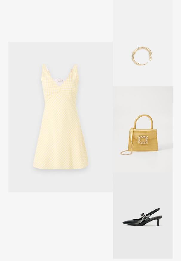 Yellow gingham dress with a v-neckline, fitted bodice, and flared skirt. Fabric has a smooth texture with white check patterns throughout.; Black patent leather slingback heels with a pointed toe and a small block heel, featuring a silver buckle accent on the strap.; Yellow faux-crocodile handbag with a structured design, top handle, detachable chain strap, and decorative crystal embellishment on the clasp.; Gold-tone ring featuring an organic, twisted design with smooth texture and tapered ends, creating a modern, sculptural appearance.