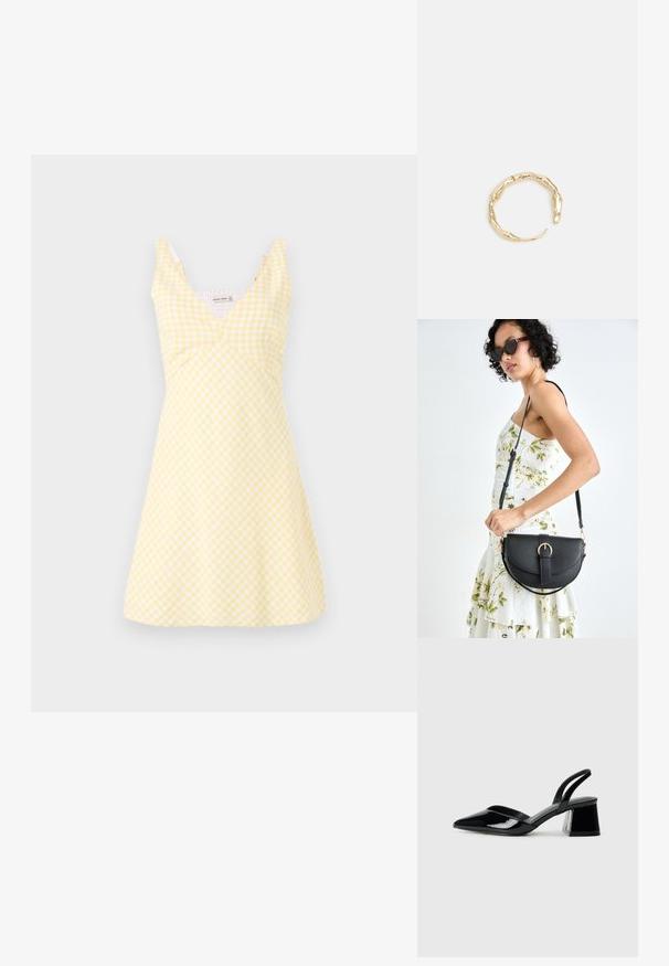 Dzeltena šūnu kleita ar v-veida kakla izgriezumu, piegulošu augšu un izplestu svārku. Audumam ir gluda tekstūra ar baltām pārbūvētām svītrām visā tā virsmā.; Melna lakota āda ar atvērto papēdi, ar smailu purngalu un ģeometrisku blokpapēdi. Iezīmējas elegants, minimāls dizains un gluda tekstūra.; Melnas ādas rokassoma ar izliekta formu, noņemamu siksnu un zelta aksesuāriem. Somai ir vāciņš ar sprādzes detaļu.; Zelta toņa gredzens ar organisku, vērptu dizainu, gludu virsmu un sašaurinātiem galiem, radot mūsdienīgu, skulpturālu izskatu.