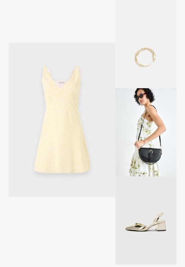 Gelbes Gingham-Kleid mit V-Ausschnitt, tailliertem Oberteil und ausgestelltem Rock. Der Stoff hat eine glatte Textur mit weißen Karomustern.; Goldene, metallische Slingback-Absätze mit spitzem Zeh und dicker Ferse. Glatte Textur, minimalistisches Design und ein schmaler Riemen.; Schwarze Lederhandtasche mit geschwungener Form, abnehmbarem Tragegurt und goldenen Beschlägen. Die Tasche verfügt über einen Deckel mit einer Schnallen-Details.; Goldfarbener Ring mit einem organischen, gedrehten Design, glatter Oberfläche und sich verjüngenden Enden, was ein modernes, skulpturales Erscheinungsbild erzeugt.