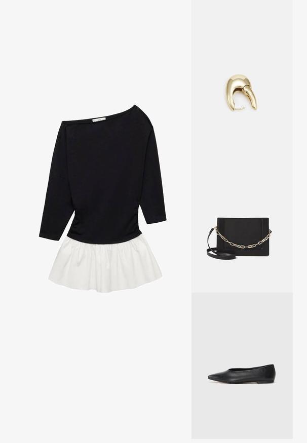 Crna majica dugih rukava s dizajnom bez ramena, skupljenim bokovima i bijelim lepršavim dnom izrađenim od laganog, teksturiranog materijala.; Crne kožne balerinke, uski vrh, minimalistički dizajn, glatka tekstura, niska peta, bez vidljivih dodataka ili ukrasa.; Crna kožna torba preko tijela s glatkom teksturom, pravokutnim oblikom i metalnim lancem na prednjoj strani. Uključena je podesiva naramenica.; Zlatne metalne naušnice s elegantnim, zakrivljenim dizajnom. Imaju karakterističan šiljast oblik, poliranu površinu i zatvaranje na šarku.