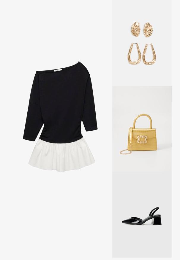 Mustat pitkät hihat -paita, jossa on olkapäät paljaana oleva muotoilu, poimuttuneet sivut ja valkoinen, liehuva alaosa, joka on valmistettu kevyestä, teksturoidusta kankaasta.; Mustat patentoitu nahkakengät, joissa on säären takaosa ja terävä kärki, sekä geometrinen palikkakorko. Sisältää tyylikkään, minimalistisen muotoilun ja sileän pinnan.; Keltainen keinonahkainen krokotiililaukku, jossa on jämäkkä muotoilu, yläkahva, irrotettava ketjusanka ja koristeellinen kristallikoristelu lukossa.; Korukultainen korvakorut, joissa on teksturoituja, aaltoilevia muotoja. Mukana on veistokselliset klipsikorvakorut ja avoin rengasmalli, jossa on vasaroitu pinta.