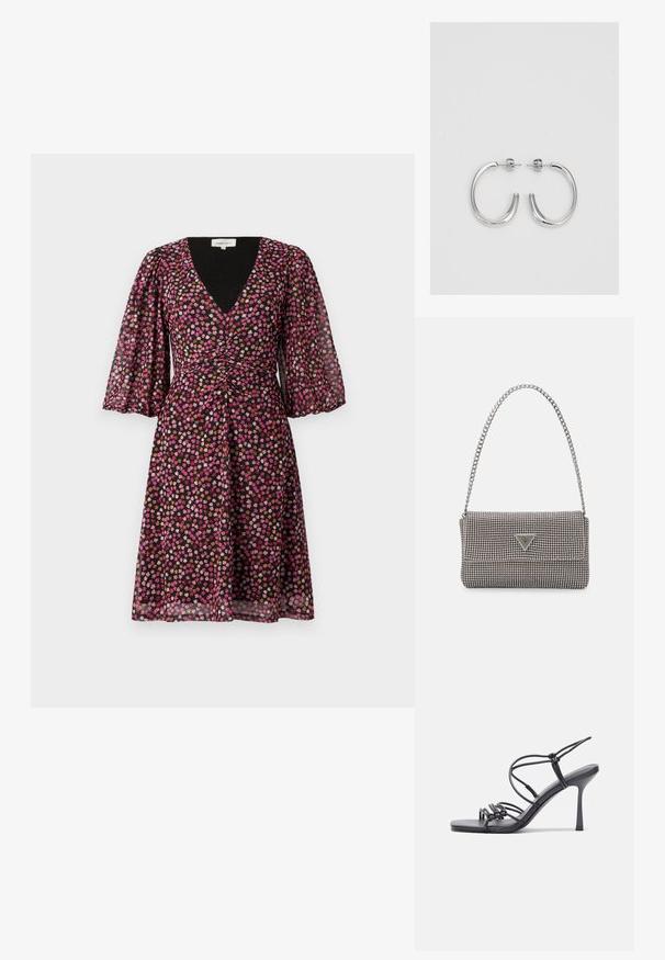 Melna kleita ar V veida kakla izgriezumu, īsām pūkainām piedurknēm un pielāgotu augšdaļu. Rotāta ar krāsainu ziedu rakstu rozā, oranžā un baltā krāsā.; Melnas augstpapēžu sandales ar plāniem siksniņām un mezgla dizainu, gluda kvadrātveida purngalu un elegantu stiletto papēdi.; Gaiši pelēka metāla rokassoma ar ķēdes siksnu, rotāta ar mazām apaļām metāla kniedēm un trīsstūra zīmola logo.; Sudraba stīpas auskari ar gludu, spīdīgu virsmu, izceļas ar izliektaveida formu un aizdari ar tapu. Minimālistisks dizains ar mūsdienīgu apdari.