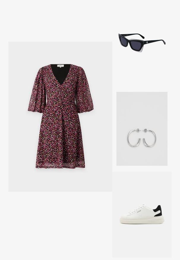 Juodas suknelė su V formos iškirpte, trumpomis pūstomis rankovėmis ir prigludusia liemene. Puošia spalvingas gėlių raštas rožinės, oranžinės ir baltos spalvų.; Baltos odinės sportbačiai su storu baltu padu, juodu nubuko kulno akcentu ir iškilmingu logotipu šone. Su raišteliais, turinčiais šešis akinius.; Juodos didelės saulės akinių su geometrine forma, turinčiais tamsius objektyvus ir kontrastingą pilką detalę ant rėmelio. Logotipas ant šalon.; Sidabrinės auskarai žiedai su lygiu, blizgiu paviršiumi. Suapvalinta forma, lengvas dizainas, su uždarymu ant smeigtuko.