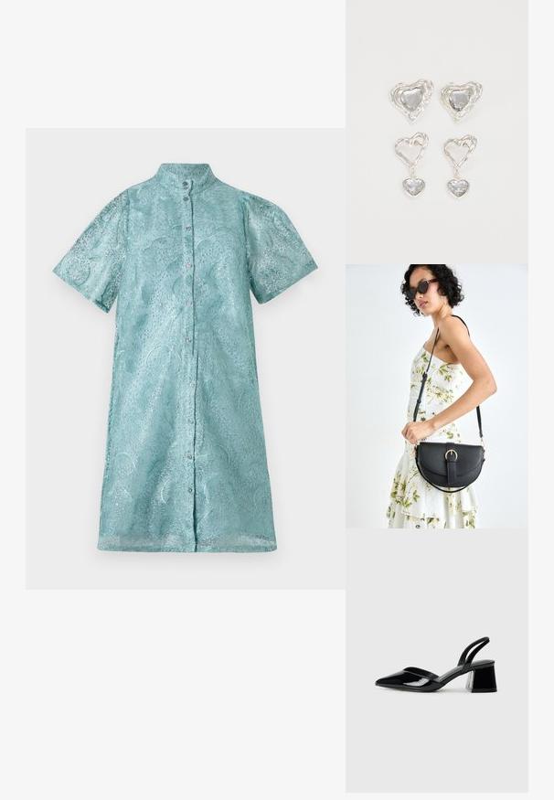 Trumpas rankovėmis suknelė iš blizgaus šviesiai mėlyno audinio su tekstūruotu raštu, turi pakeltą apykaklę ir priekį užsegimą mygtukais.; Juodos lakuotos odinės šlepetės su smailiu pirštu ir geometriniu bloko kulnu. Turi elegantišką, minimalistinį dizainą ir lygų paviršių.; Juodas odinis krepšys su išlenkta forma, nuimamu dirželiu ir auksiniais detalėmis. Krepšys turi kilpą su sagtimi.; Sidabrinės širdelės formos auskarai puošti facetuotais skaidriais akmenimis, su tekstūruotu rėmu. Rinkinį sudaro tiek auskarai-stud, tiek kabančios formos.