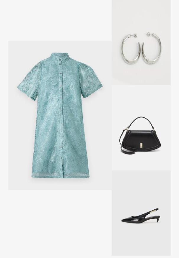 Rochie cambrată cu mânecă scurtă, dintr-un material albastru deschis strălucitor, cu un model texturat, având guler în picioare și închidere cu butoane în față.; Sandale slingback din piele neagră cu vârf ascuțit, având un toc subțire și un accent de culoare aurie pe curea ajustabilă. Textură netedă.; Geantă de umăr din piele neagră, cu un design structurat, având o formă tăiată, mânere superioare și accente din aur. Include o curea de umăr ajustabilă.; Cercei din argint, cu un design neted și curbat. Prezintă o finisare metalică strălucitoare și închidere cu stud. Fără modele sau accente vizibile.
