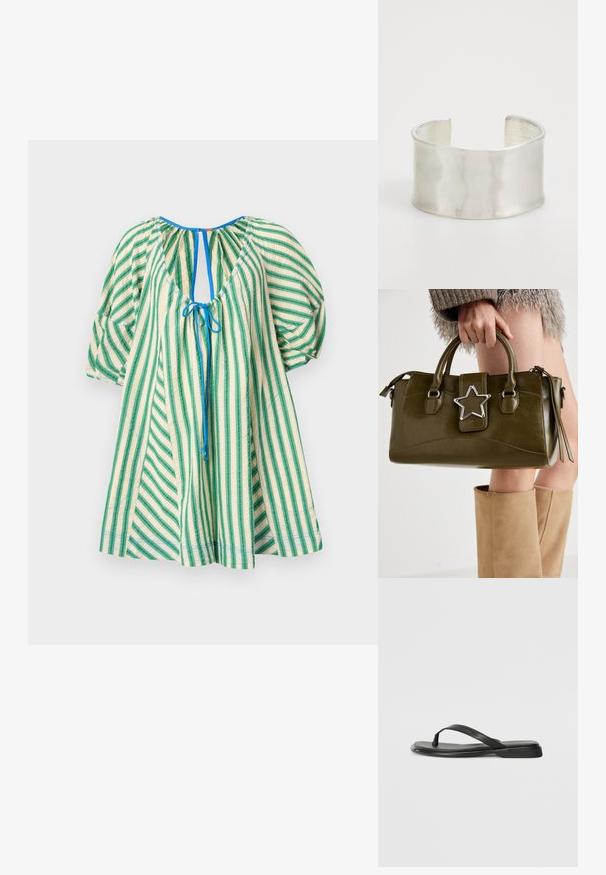 Free People BOP AROUND ROMPER - Kjole - green combo; Sorte flip-flop laget av glatt lær, med en tynn stroppdesign og en flat såle med et minimalistisk utseende. Ingen bemerkelsesverdige mønstre eller aksenter.; Oliven grønn faux lær håndveske med sølvstjerneakcent, doble håndtak og glidelåslukking. Teksturert overflate og strukturert form.; Zign Armbånd - silver-coloured