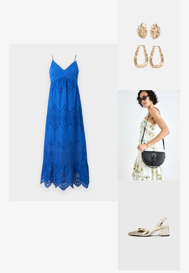 Kék pamut maxi ruha pántos vállpántokkal, gyémánt mintákkal díszített kivágott hímzéssel és fodros szegéllyel.; Arany, fémből készült slingback sarkú cipők hegyes orral és vastag sarokkal. Simaság, minimalista design és keskeny pánt jellemzi.; Fekete bőrtáska ívelt formával, levehető pánttal és arany színű fémrészekkel. A táskán egy csattal díszített fedél található.; Aranyszínű fülbevalók, texturált, hullámos formákkal. Tartalmazza a szobrászati klipszes studokat és az open hoop kialakítást, kalapácsos felülettel.