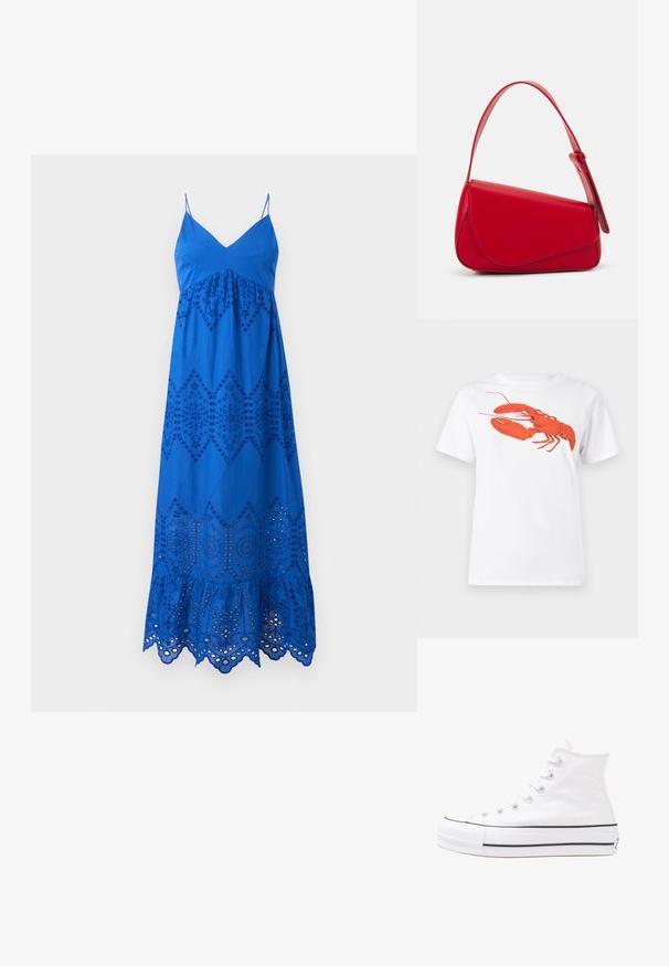 Kék pamut maxi ruha pántos vállpántokkal, gyémánt mintákkal díszített kivágott hímzéssel és fodros szegéllyel.; Fehér pamut póló, amelyen elöl egy nagy, élénkpiros homár grafika látható. Rövid ujjú és standard környakú kialakítás.; Fehér magaskorsó vászon sportcipő fekete gumi talppal, elülső gumi orrnyereggel és hat fűzőlyukkal, letisztult, minimalista dizájnnal.; Piros bőr kézitáska szögletes, geometrikus kialakítással. Egy állítható pánttal és varrott részletekkel ellátott fedélzárral rendelkezik.