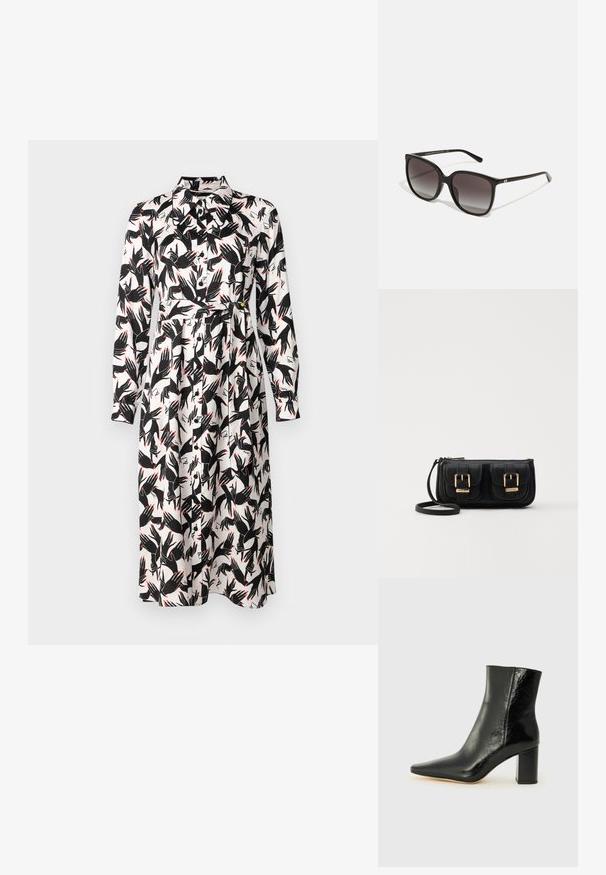 Diane von Furstenberg GIZELLE DRESS - Denní šaty - ivory; Černé kotníkové boty z lesklé kůže s špičatou špičkou a masivním, čtvercovým podpatkem. Vyznačují se hladkou texturou a minimalistickým designem.; Černé obdélníkové sluneční brýle se zrcadlovými skly, plastový rám a kovový logový akcent na spánku. Klasický design s hladkým povrchem.; Černá kožená crossbody taška se dvěma předními kapsami, zlatými přezkami, zipovým uzávěrem a štíhlým popruhem. Texturovaný povrch a kompaktní obdélníkový tvar.