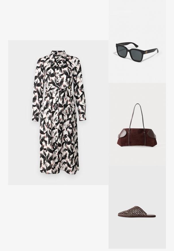 Diane von Furstenberg GIZELLE DRESS - Rochie de zi - ivory; Sandale tip slide împletite, de culoare maronie, cu vârf rotund, design deschis, talpă plată și suprafață texturată. Material ușor și siluetă minimalistă.; Ochelari de soare negri cu lentile rectangulare, având o finisare lucioasă și accente cu logo de aur pe brate. Lentilele de culoare gri închis oferă protecție UV.; Geantă din suede maro cu accente din piele, formă structurată, două curele de umăr și margini rotunjite, având o textură netedă și hardware minim.