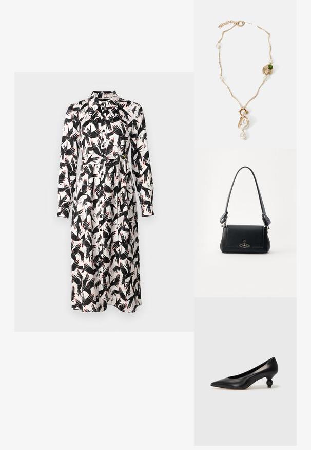 Diane von Furstenberg GIZELLE DRESS - Nappali ruha - ivory; Fekete bőr magassarkú cipő, hegyes orral és kerek, gömbölyű sarokkal. Simább textúrával, elegáns, minimalista dizájnnal.; Fekete bőr kézitáska texturált felülettel, téglalap alakú, állítható pánttal és fém logó díszítéssel az elülső részen.; Arany színű nyaklánc csavart láncszemekkel, fehér gyöngyökkel és zöld kő díszítéssel. Bonyolult részletekkel rendelkezik, és zárómechanizmussal van ellátva.