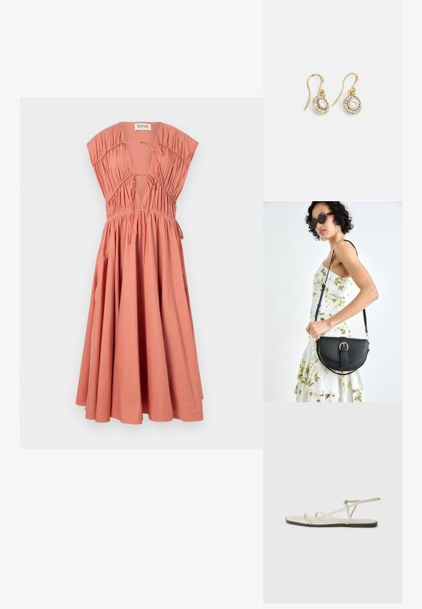 Šatové šaty v broskvové barvě s krátkými, strukturovanými rukávy, skládáním na těle, hlubokým V-výstřihem, detailem na zavazování a splývavou sukní. Materiál: bavlna.; Béžové ploché sandály s několika štíhlými pásky a nastavitelnou přezkou. Podešev je plochá s mírným tmavým kontrastem na okraji.; Černá kožená kabelka s křivkovým tvarem, odnímatelným popruhem a zlatými detaily. Kabelka má klopu s přezkou.; Náušnice ve zlatém tónu s oválnými průhlednými krystaly obklopenými menšími průhlednými kameny, se zapínáním na háček pro bezpečné nošení.