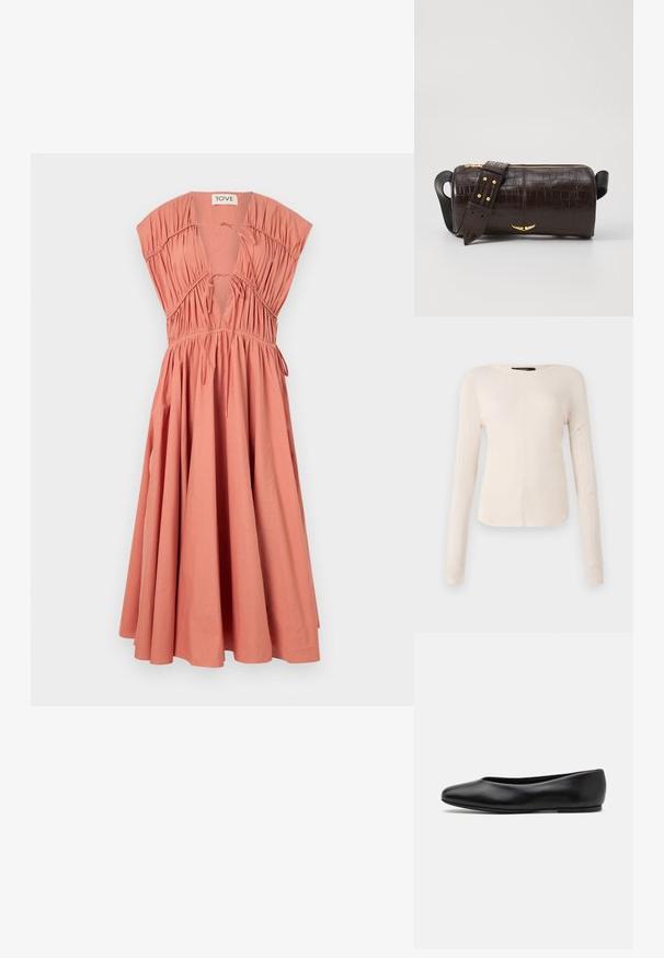 Vestido cor pêssego com mangas curtas e estruturadas, corpete pregueado, decote em V profundo, detalhe de laço e saia fluida. Material de algodão.; Camisola de mangas longas, bege claro, com decote redondo. Feita de um tecido macio, apresenta uma costura central e uma bainha ligeiramente curva. Sem ferragens visíveis.; Paul Smith TOPANGA - Sabrinas - black; Bolsa de couro com textura de crocodilo na cor marrom, com forma cilíndrica, metalizações em tom dourado e uma alça destacável com tachas.