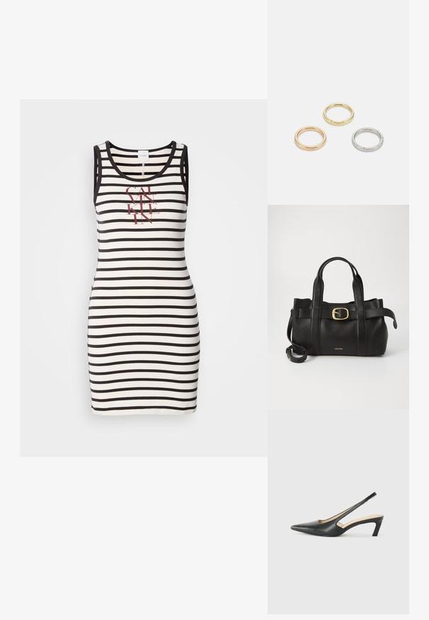Brezrokavni роба iz bombaža z črno-belimi vodoravnimi črtami. Ima natisnjen logo v rdeči barvi spredaj. Oprijeta oblika.; Črne čevlje s koničastimi nosovi in slingback obliko z nizko peto, izdelane iz gladke usnjene materiale ter s črtasto zasnovo na strani za prezračevanje.; Črna usnjena torba s strukturirano zasnovo, dvojni zgornji ročaji, zlato-tonirni zaponka kot dodatek in vtisnjeni logotip blagovne znamke spredaj.; Trije kovinski prstani: eden rožnato zlati, eden zlat z teksturiranimi detajli in eden srebrn, vsi z vgraviranim logotipom na notranji strani.