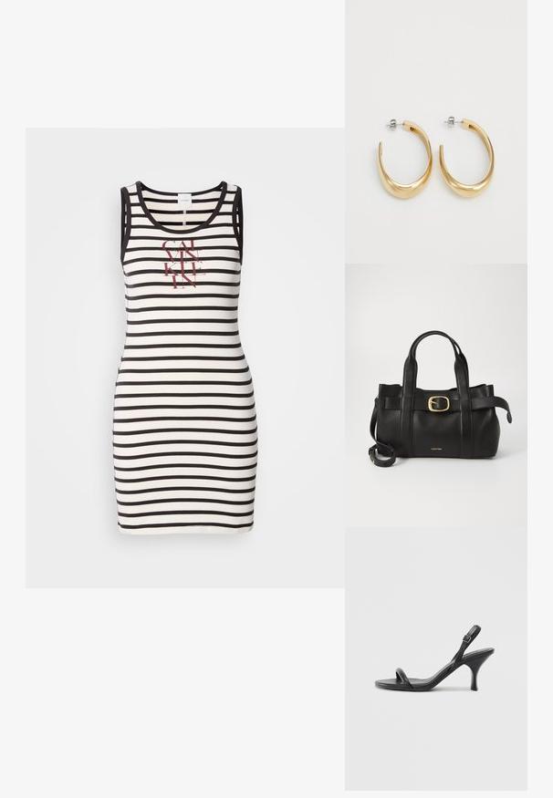 Bezramenné šaty z bavlny s čiernymi a bielymi horizontálnymi pruhmi. Na prednej strane je potlačené logo v červenej farbe. Priliehavý strih.; Čierne kožené sandále na vysokom podpätku s štíhlym, zakriveným podpätkom a prekríženým pásikovým dizajnom. Nastaviteľný pásik okolo členka. Hladká textúra.; Čierna kožená kabelka s štruktúrovaným dizajnom, dvojitými hornými uchopiteľmi, zlatým prackovým akcentom a embosovaným logom značky na prednej strane.; Zlaté kruhové náušnice s hladkým, zakriveným dizajnom. Vyrobené z kovu, s elegantným povrchom a uzáverom na zadnej strane.