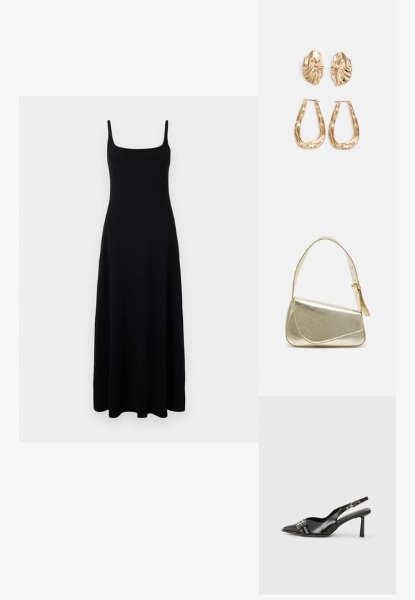 Czarna maxi sukienka z dopasowanym gorsetem, kwadratowym dekoltem i cienkimi ramiączkami. Wykonana z gładkiego, elastycznego materiału, który swobodnie opada do kostek.; Czarne lakierowane buty typu slingback z ostrym noskiem, paskami na kostkach z srebrnymi klamrami i elementami metalowymi oraz smukłym obcasem.; Złota metaliczna torebka o strukturalnym designie, gładkiej powierzchni i regulowanym pasku. Charakteryzuje się unikalnym trójkątnym kształtem i minimalistycznym przeszyciem.; Złote kolczyki w odcieniu, prezentujące teksturowane, faliste kształty. Zawierają rzeźbiarskie klipsy i otwarty projekt kółek z młotkowanym wykończeniem.