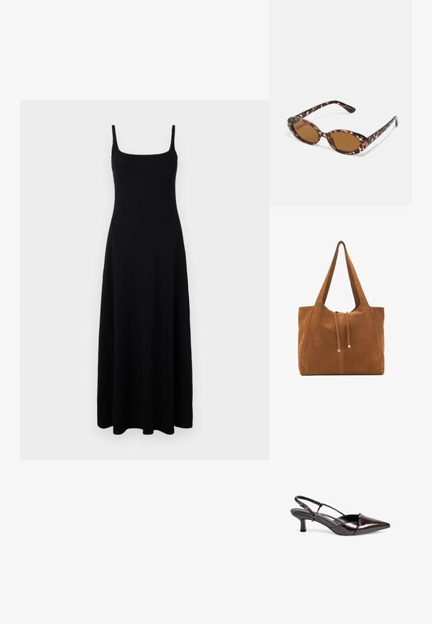 Schwarzes Maxikleid mit taillierter Oberseite, quadratischem Ausschnitt und dünnen Trägern. Aus einem glatten, dehnbaren Stoff gefertigt, der bis zu den Knöcheln fällt.; Braune Lacklederslingback-Pumpe mit spitzem Zehenbereich, kleinem Blockabsatz, Kreuzriemendesign und dekorativem Schleifendetail auf der Vorderseite.; Sonnenbrille aus Schildpatt mit ovalen Gläsern, braun getönt, dünnen Bügeln mit strukturiertem Muster, leichtem Kunststoffrahmen.; Braune Wildleder-Tasche mit zwei langen Trägern, Zugverschluss und minimalistischem Design. Glatte Textur und keine sichtbaren Hardware-Details.