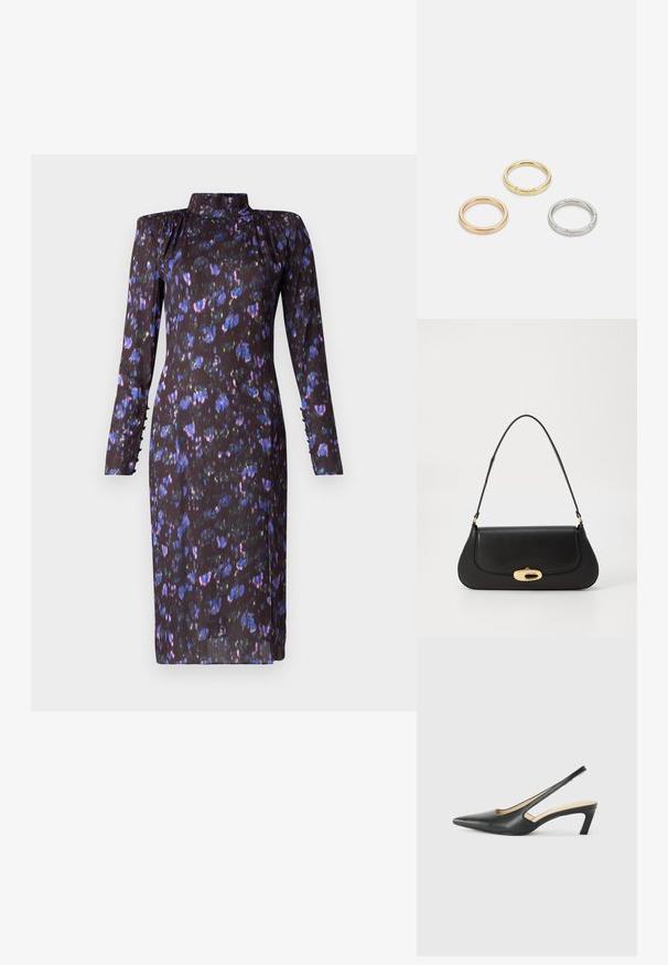 Långärmad klänning med hög krage, prydd med ett mörkt blommönster i blått och lila på en svart bakgrund, tillverkad av lättviktig tyg.; Svart spetsig slingback-sko med låg klack, som har ett slätt lädermaterial och utskärningsdesign på sidan för andningsförmåga.; Svart läderhandväska med en böjd design, hårdvara i guldton, och ett handtag ovanpå. Har en snygg stängning och en mjuk yta.; Tre metallringar: en roséguld, en guld med texturerade detaljer och en silver, alla med ingraverad märkning på den inre ringen.