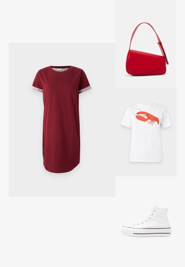 Burgundowa sukienka T-shirt z bawełny, z krótkimi rękawami i szarymi wzorzystymi akcentami na mankietach. Posiada okrągły dekolt i prosty krój.; Biała bawełniana koszulka z dużą, jasnoczerwoną grafiką homara na przodzie. Krótkie rękawy i standardowy okrągły dekolt.; Białe wysokie trampki z płótna z czarną gumową podeszwą, przednim czubkiem z gumy i sześcioma dziurkami na sznurowadła, charakteryzujące się prostym, minimalistycznym designem.; Czerwona skórzana torebka o kanciastym, geometrycznym designie. Posiada jedną regulowaną rączkę oraz zapięcie na klapę z przeszyciami.