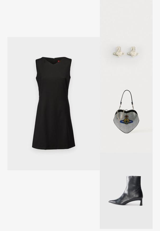 MAX&Co. NEW YORK - Denní šaty - schwarz; Černé kožené kotníkové boty s špičatou špičkou a elegantním designem. Mají nízký podpatek a zipové zapínání na zadní straně. Hladká textura.; Kabelka ve tvaru srdce vyrobená z mřížkového materiálu s metalickým povrchem, která obsahuje design kočky a planety v modré, žluté a červené barvě. Zahrnuje řetízek na nošení.; Stříbrné náušnice srdcového tvaru se zakrouceným kroužkem, zdobené malými čirými kamínky a detailním křížovým akcentem.