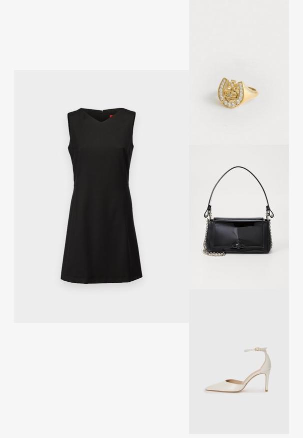 MAX&Co. NEW YORK - Vestido informal - schwarz; Zapato de tacón alto de cuero blanco con punta afilada, correa en el tobillo y un delgado tacón de aguja. Textura lisa con un sutil acabado brillante.; Bolso de mano de charol negro con forma rectangular, correa de cadena y un acento de hardware distintivo en el centro. Textura suave.; Anillo de oro con un diseño de corona dentro de un herradura, decorado con pequeñas piedras preciosas transparentes, sobre un fondo blanco.