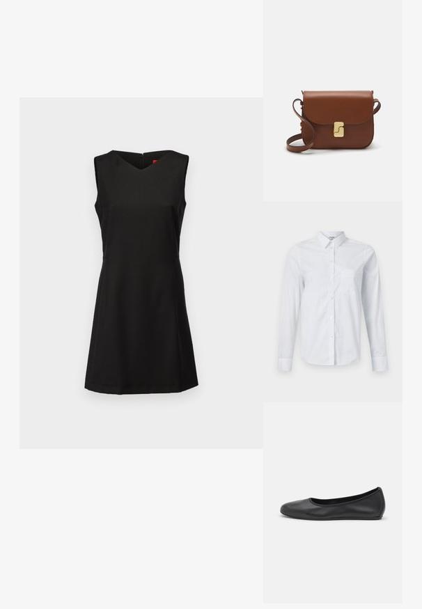 MAX&Co. NEW YORK - Robe de jour - schwarz; Chemise blanche à manches longues en coton. Dotée d'un devant à boutons, d'un col pointu et d'une poche poitrine du côté gauche.; Ballerines en cuir noir avec un bout rond, texture lisse, détails de couture minimalistes et design de semelle flexible.; Sac à main en cuir marron avec une fermeture à rabat, des accents en métal doré, une bandoulière et une texture lisse. Forme rectangulaire compacte.