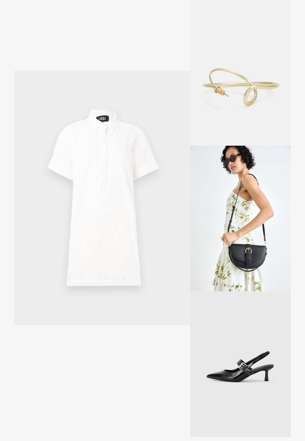 Balta trumpomis rankovėmis suknelė su mygtukų užsegimu, perforuota deimanto forma ir apykakle, suteikiančia laisvą siluetą. Medvilnės ir sintetinių medžiagų mišinys.; Juodai lakuoti slingback aukštakulniai su smailiu kojų pirštu ir mažais blokiniais kulniukais, su sidabro sagtimi ant dirželio.; Juodas odinis krepšys su išlenkta forma, nuimamu dirželiu ir auksiniais detalėmis. Krepšys turi kilpą su sagtimi.; Auksinės spalvos metalinė apyrankė su skysčiu, kreipiančiu dizainu. Viename gale yra mažas, išsiskiriantis, sidabrinės spalvos akcentas.