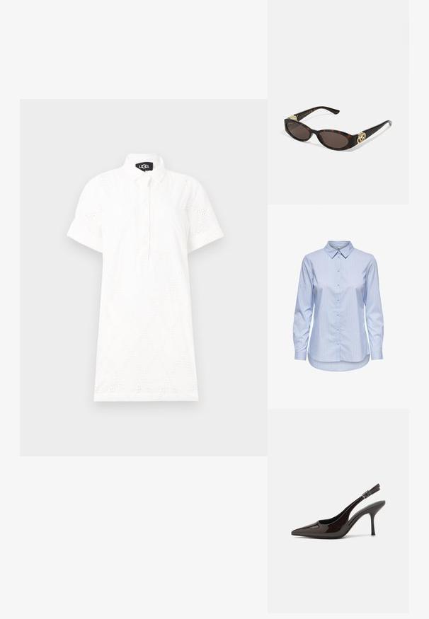 Biela krátky rukáv šaty s gombikovou légou, perforovaným diamantovým vzorom a golierom pre uvoľnený strih. Materiál z bavlnenej zmesi.; Modrá pruhovaná košeľa s gombíkmi, s golierom, dlhými rukávmi a zakriveným spodným okrajom. Materiál sa zdá byť hladký a ľahký. Gombíková léga na prednej strane.; Slingback vysoké opätky v lesklej tmavohnedej lakovej koži, so špicatou špičkou, otvorenými stranami a nastaviteľným remienkom na členku.; Slnkové okuliare v korytnačkovom dizajne s predĺženými oválnymi šošovkami, hnedým tónovaním, zlatými logovými akcentmi na spánkoch a elegantnými čiernymi ramenami.