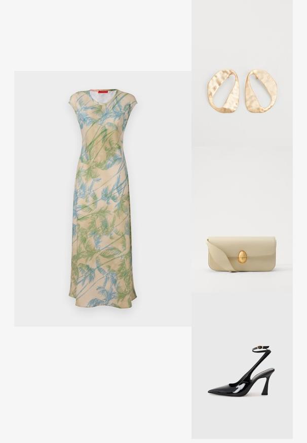 Kukkamekko, jossa on vaaleanbeige väri ja vihreä sekä sininen palmulehtikuvio, lyhyet hihat ja rento malli. Sileä kangas, joka siinä on laskeutuvuutta.; Musta patenttinen nahka slingback-korkokengät, joissa on teräväkärkinen muoto, säädettävä nilkkastrappi ja kohtuullinen lohkokorko. Sujuva pinta kiiltävällä viimeistelyllä.; Beige nahka käsilaukku, jossa on sileä pinta, suorakulmainen muoto ja kultainen soikea solki. Varustettu pitkällä, säädettävällä hihnalla.; Pari epämuodostuneita soikeita kultasävyisiä metallikorvakoruja, joissa on teksturoitu, hieman hakattu pinta valkoista taustaa vasten.