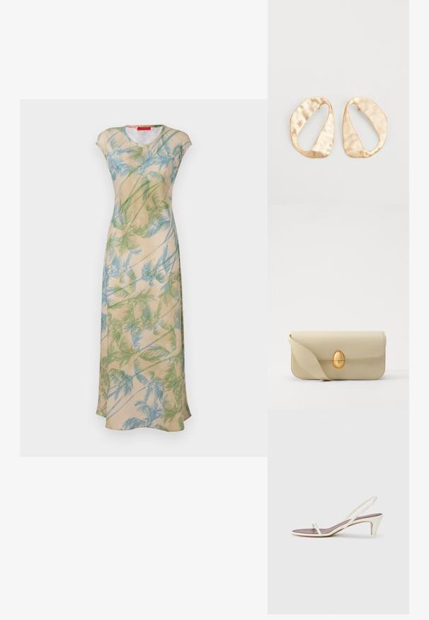 Ziedu maxi kleita gaiši bēšā krāsā ar zaļiem un ziliem palmu lapu rakstiem, ar īsām piedurknēm un brīvu piegriezumu. Gluda auduma konstrukcija ar plūstošu kritumu.; Baltas siksnas sandales ar nelielu papēdi, plānām siksniņām un gludu ādas tekstūru; ar nelielu dekoratīvu sprādzi.; Beige krēma ādas somiņa ar gludu tekstūru, taisnstūra formu un zelta ovālu aizdari. Aprīkota ar garu, regulējamu siksnu.; Pāris neregulāras ovālas formas zelta toņos metāla auskaru ar teksturētu, nedaudz sitētu virsmu uz baltas fona.
