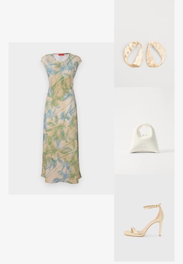 Ziedu maxi kleita gaiši bēšā krāsā ar zaļiem un ziliem palmu lapu rakstiem, ar īsām piedurknēm un brīvu piegriezumu. Gluda auduma konstrukcija ar plūstošu kritumu.; Zelta metāla augstpapēžu sandales ar atvērtu purngalu, potītes siksniņu ar sprādzi un platformas zoli papildu augstumam. Gluda tekstūra.; Balta soma ar teksturētu, izliekta dizaina. Iezīmējas ar izteiktu rokturi un noapaļotu apakšu, gluda apdare un minimāla aparatūra.; Pāris neregulāras ovālas formas zelta toņos metāla auskaru ar teksturētu, nedaudz sitētu virsmu uz baltas fona.