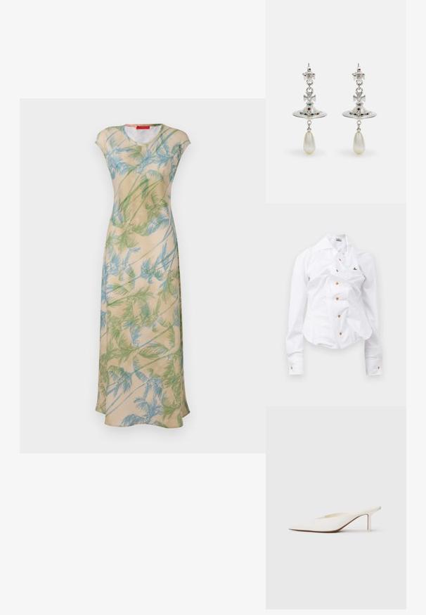Floral maxi dress in light beige, featuring green and blue palm leaf patterns, cap sleeves, and a relaxed fit. Smooth fabric with drape.; White long-sleeve shirt with a fitted design. Features a large collar, front button closure with brown buttons, and a small embroidered logo.; Pointed-toe white mule with a low stiletto heel. Made of smooth material with a minimalist design and subtle tan sole detail.; Silver earrings featuring a circular hoop, adorned with sparkling stones and a teardrop pearl pendant. Distinctive design with intricate accents.